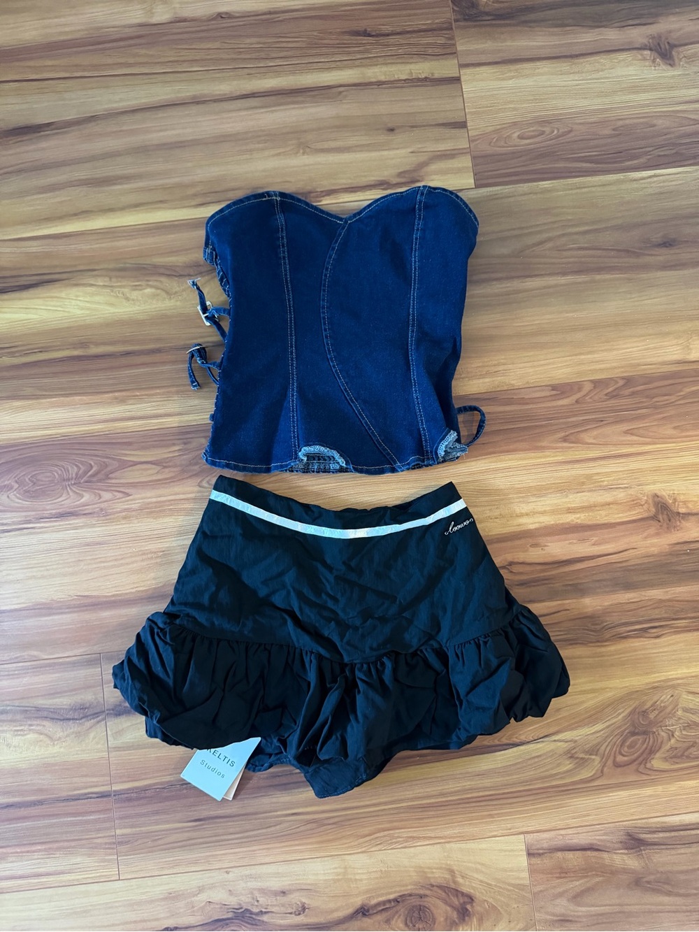 Denim Corset Top and Black Ruffle Skort